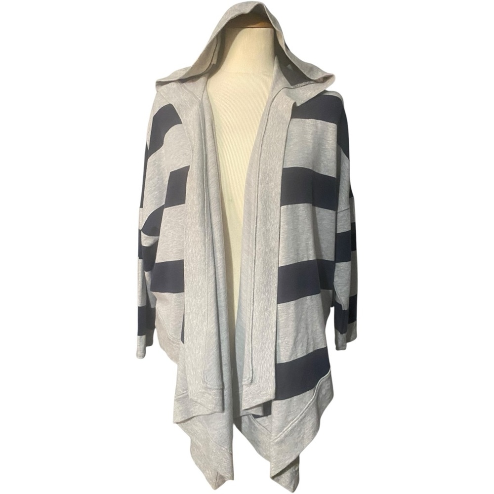 Aiko Stripe Hooded Cardigan Gray Navy Small